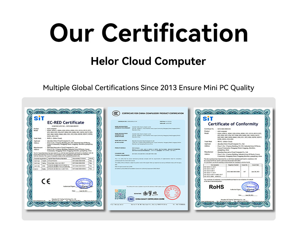 Blog perusahaan terbaru tentang Helor Cloud Computer: Sertifikasi Global sejak 2013 Memastikan Kualitas Mini PC