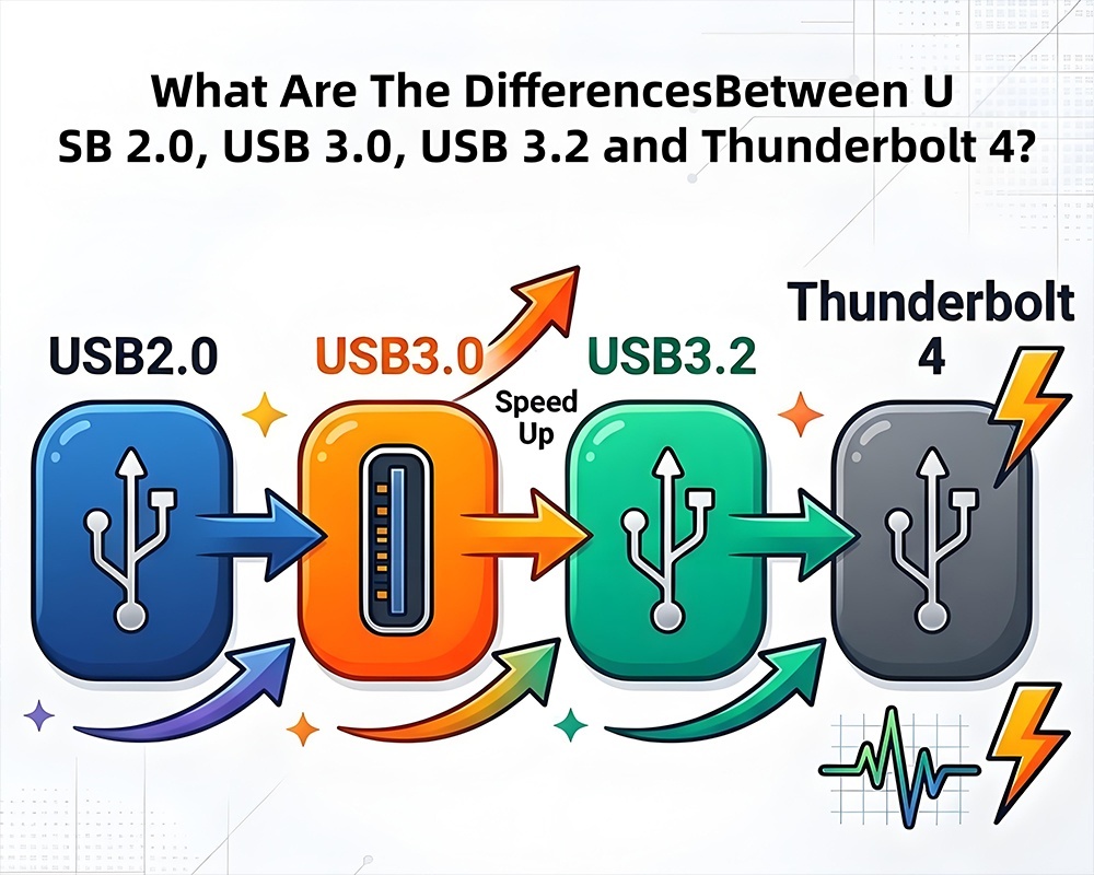 Blog perusahaan terbaru tentang Panduan Spesifikasi USB Lengkap Apa Perbedaan Antara USB2.0 USB3.0 USB3.2 Dan Thunderbolt 4
