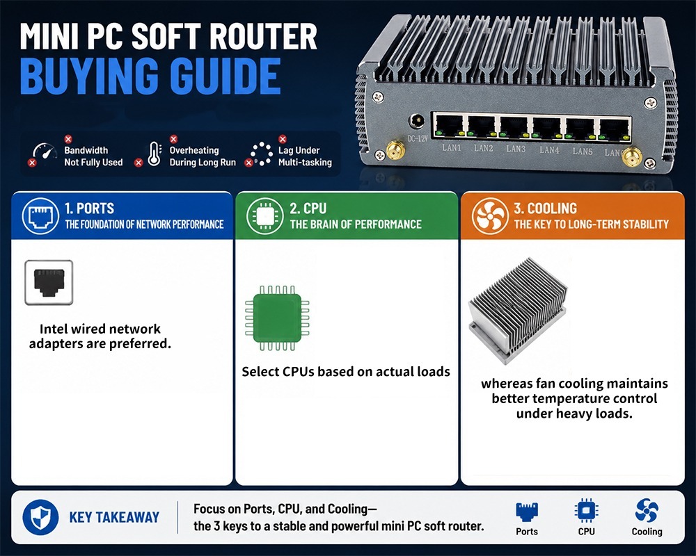 Blog perusahaan terbaru tentang Panduan Membeli Soft Router Mini PC Cara Memilih Port Jaringan CPU Dan Pendinginan Dengan Data Uji Nyata