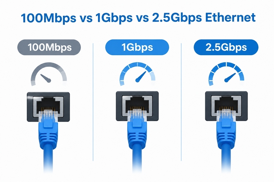 Blog perusahaan terbaru tentang 100Mbps vs 1Gbps vs 2.5Gbps Ethernet: Bagaimana Kecepatan Jaringan PC Industri Mempengaruhi Latensi